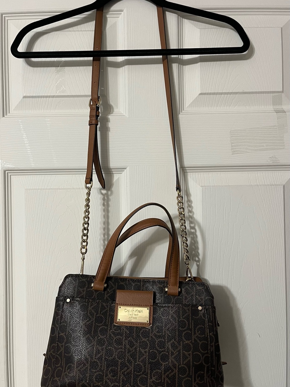 Calvin Klein Brown Monogram Dome Satchel with Tan Handles